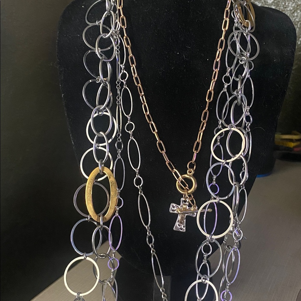 Chic Gold and Silver Necklace/ Cross Pendant 5 layering necklaces free earrings - Picture 7 of 10